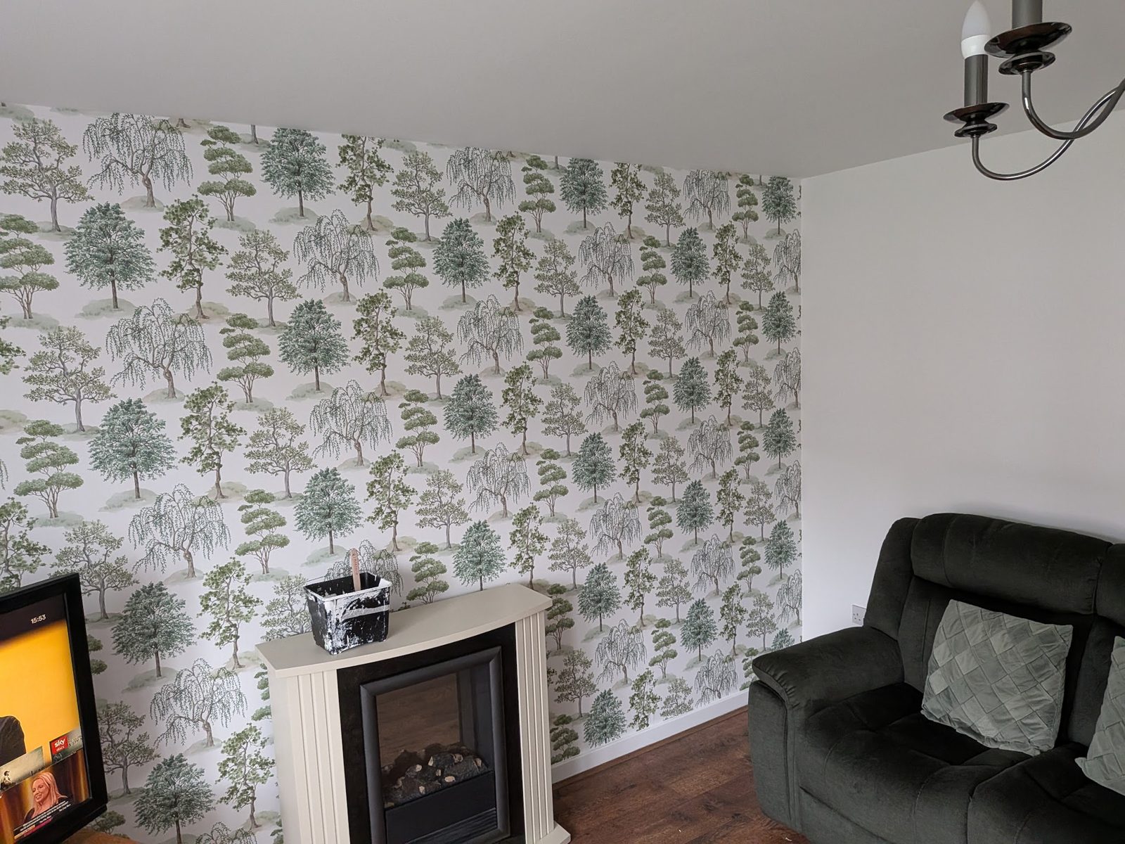 A lounge with a tree pattern wallpaper feature wall beside an electric fire